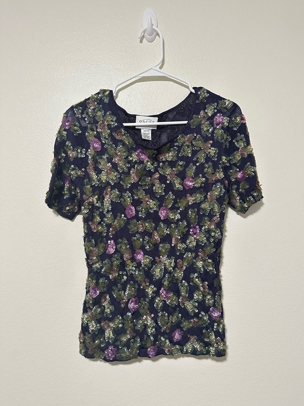 Oscar de la Renta Navy Short Sleeve Sequin Floral Top